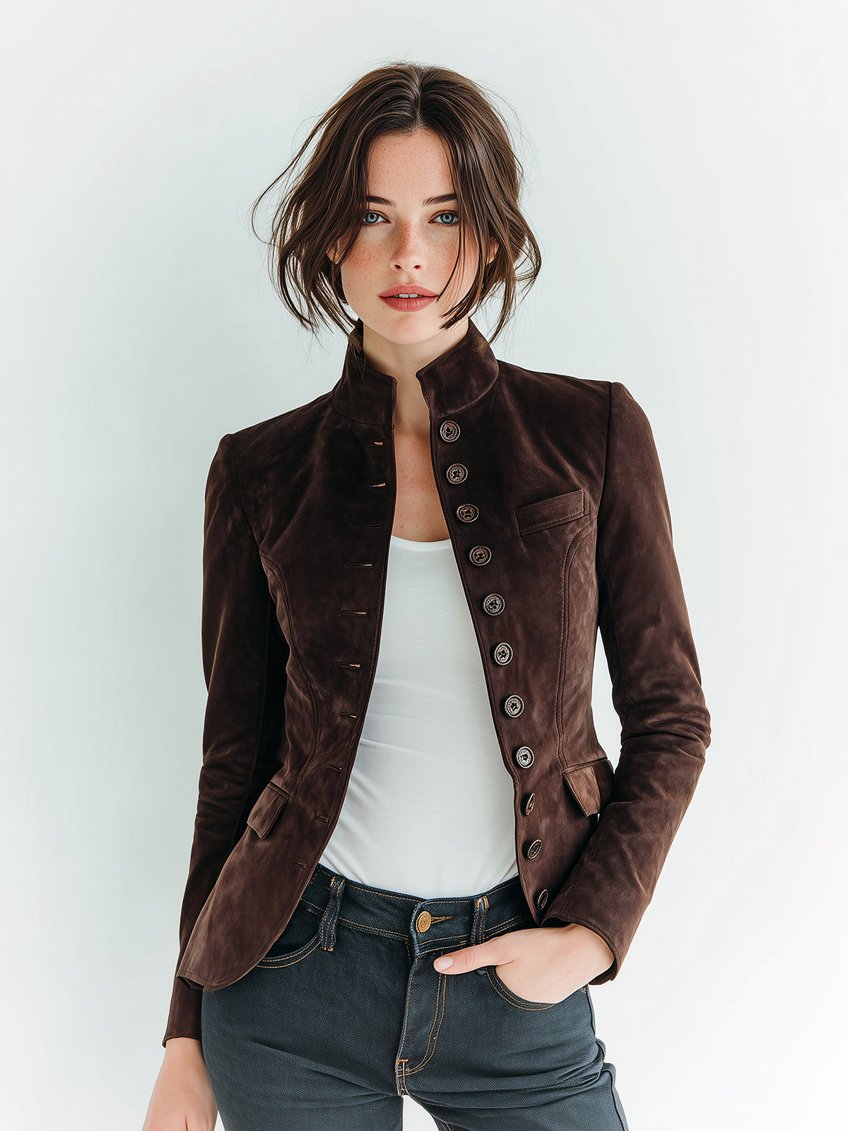 ElevenOra Chic Vintage Dark Brown Faux Suede Stand-Collar Single-Breasted Slim-Fit Cropped Jacket