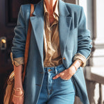 ElevenOra Casual Office Blue Herringbone Wool Blend Notch Lapel Single-Breasted Oversized Blazer