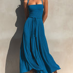 ElevenOra Chic Elegant Dark Blue Spaghetti Straps Square Neck Sleeveless Tie-Waist A-Line Ribbed Knit Maxi Dress
