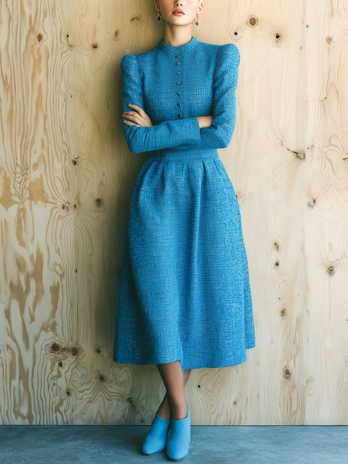 ElevenOra Chic Vintage Royal Blue Tweed Stand Collar Button-Front Puff Sleeve Tailored Waist Long Sleeve Flared Midi Dress
