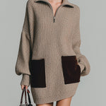 ElevenOra Chic Casual Zip-up Lapel Contrast Suede Patch Pocket Long Sleeve Oversized Knit Mini Dress