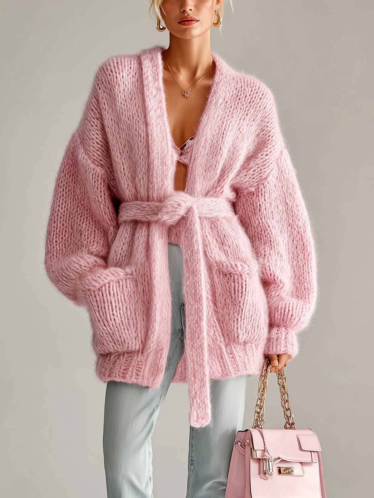 ElevenOra Chic Vintage Pink V-Neck Oversized Tie-Waist Patch Pocket Fuzzy Knit Cardigan