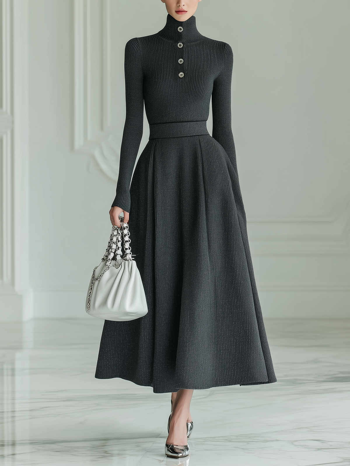 ElevenOra Vintage Elegant Dark Grey Turtleneck Button Long Sleeve Pullover Sweater Elastic Waist Maxi Skirt Two-piece Set
