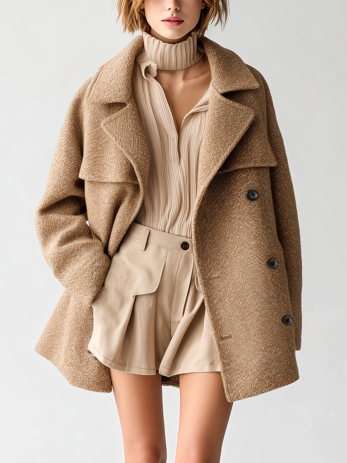 ElevenOra Chic Vintage Camel Textured Wool Blend Lapel Double-Breasted Oversized Warm Coat