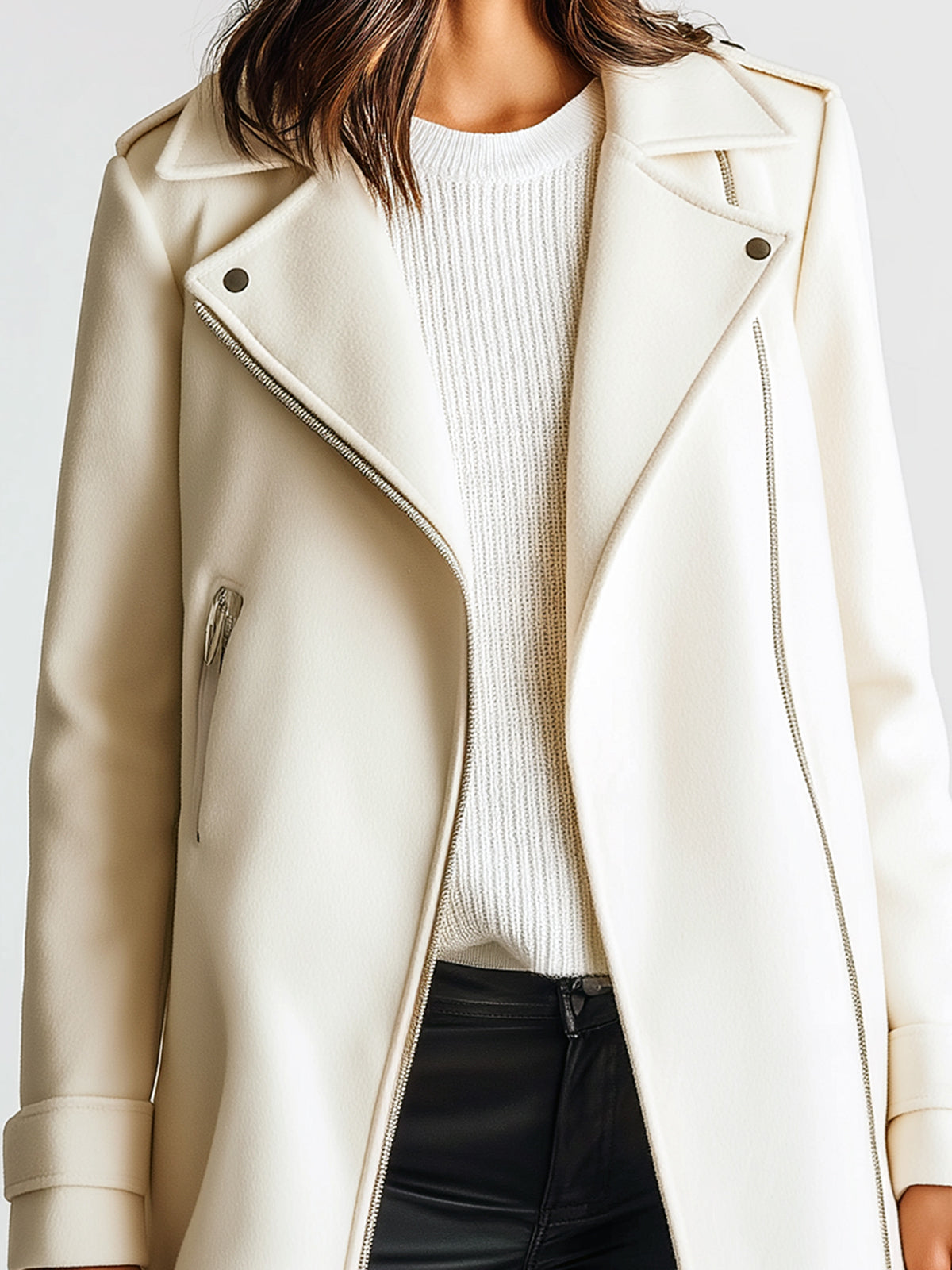 ElevenOra Chic Casual Cream White Wool Blend Lapel Asymmetric Zip Biker Style Mid-Length Warm Coat