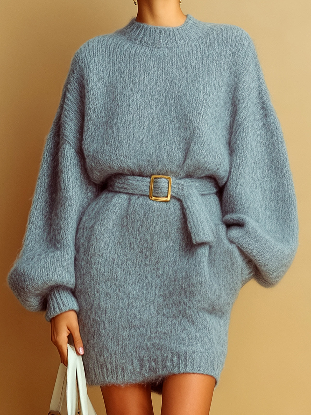 ElevenOra Chic Elegant Gray Round Neck Long Lantern Sleeve Loose Belted Knit Mini Dress