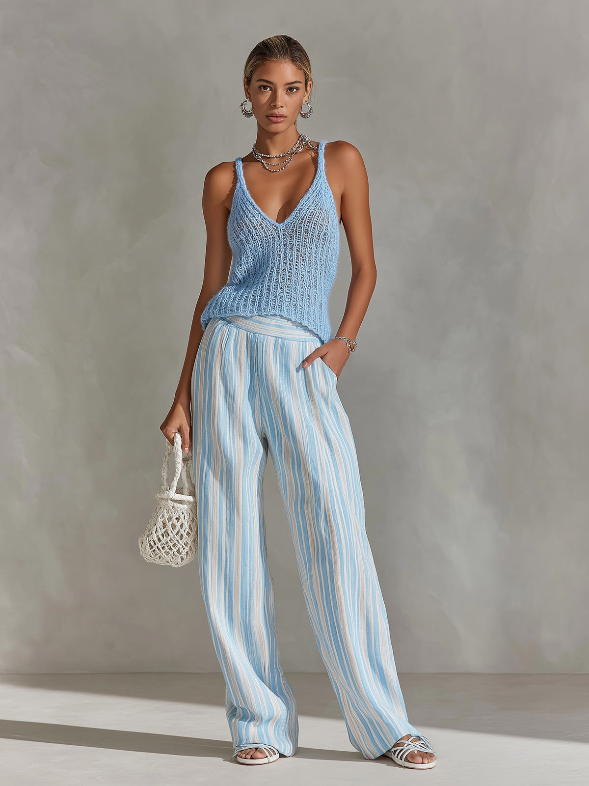 ElevenOra Chic Elegant Blue V-Neck Sleeveless Loose-Fit Knit Camisole Striped Wide-Leg Pants Two-Piece Set