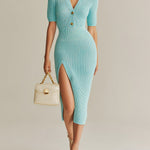ElevenOra Chic Elegant Light Blue Lapel Collar Button-Front Short-Sleeve Slim-Fit Side Slit Ribbed Knit Midi Dress