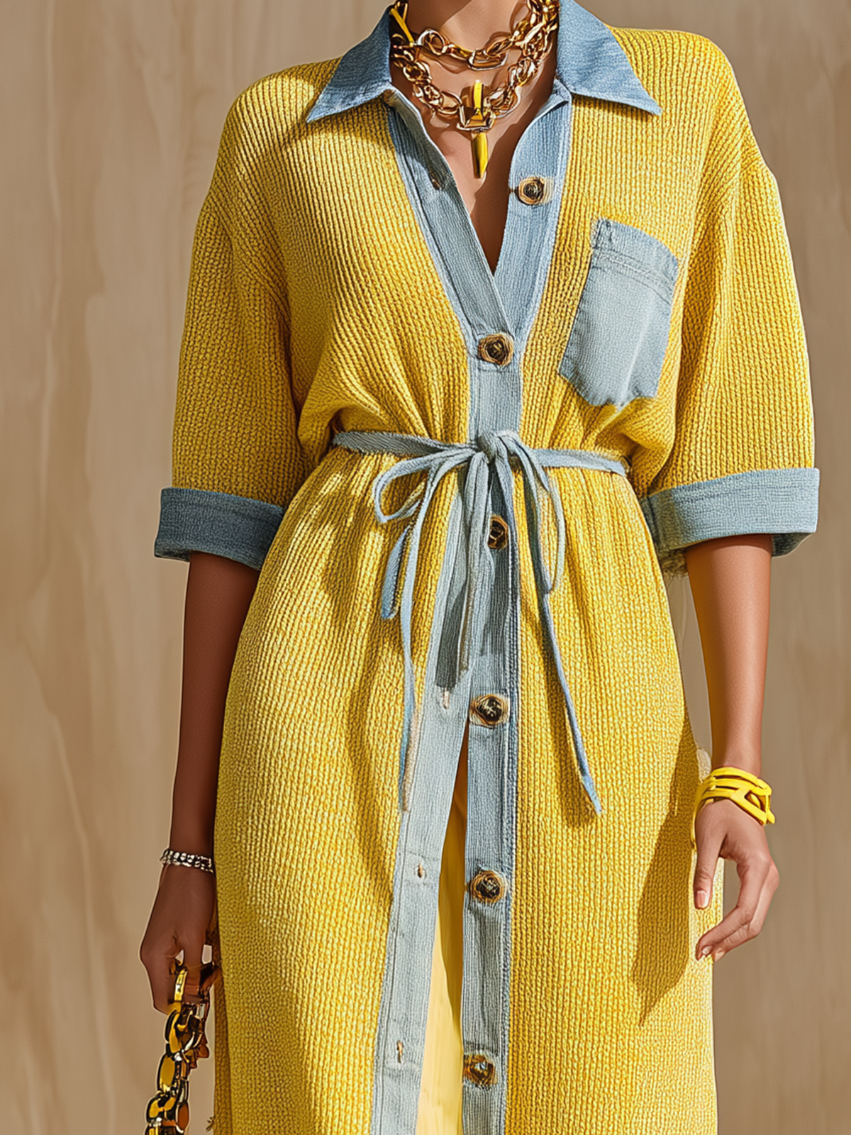 ElevenOra Chic Elegant Yellow Patchwork Denim Lapel Collar Button-Front Loose-Fit Drawstring Waist Loose-Fit Knit Maxi Dress