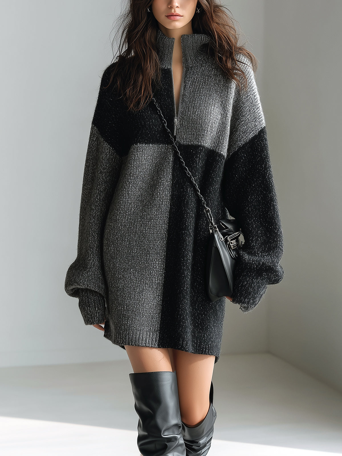 ElevenOra Chic Cozy Color-block Zipper Stand-up Collar Long-sleeved Oversized Knit Mini Dress