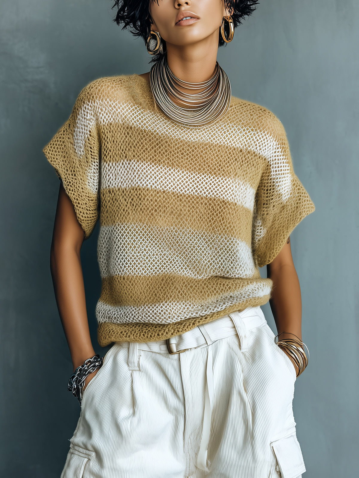 ElevenOra Chic Casual Khaki-White Stripes Round Neck Short-Sleeve Loose-Fit Knit Sweater Top