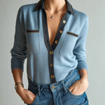 ElevenOra Chic Casual Blue Lapel Single-Breasted Chest Pocket Contrast Trim Long-Sleeve Slim Fit Knit Cardigan