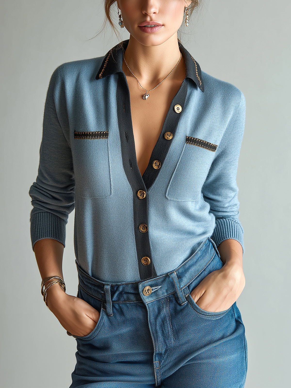 ElevenOra Chic Casual Blue Lapel Single-Breasted Chest Pocket Contrast Trim Long-Sleeve Slim Fit Knit Cardigan