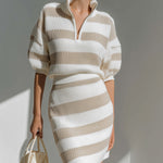 ElevenOra Chic Elegant Light Camel Stripes Zipper-Up Stand Collar Short Sleeve Loose-Fit Sweater Bodycon Mini Skirt Knit Two-Piece Set