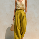 ElevenOra Chic Elegant Beige V-neck Tank Top Loose Mustard Yellow Chiffon Wide-Leg Pants Two-Piece Set