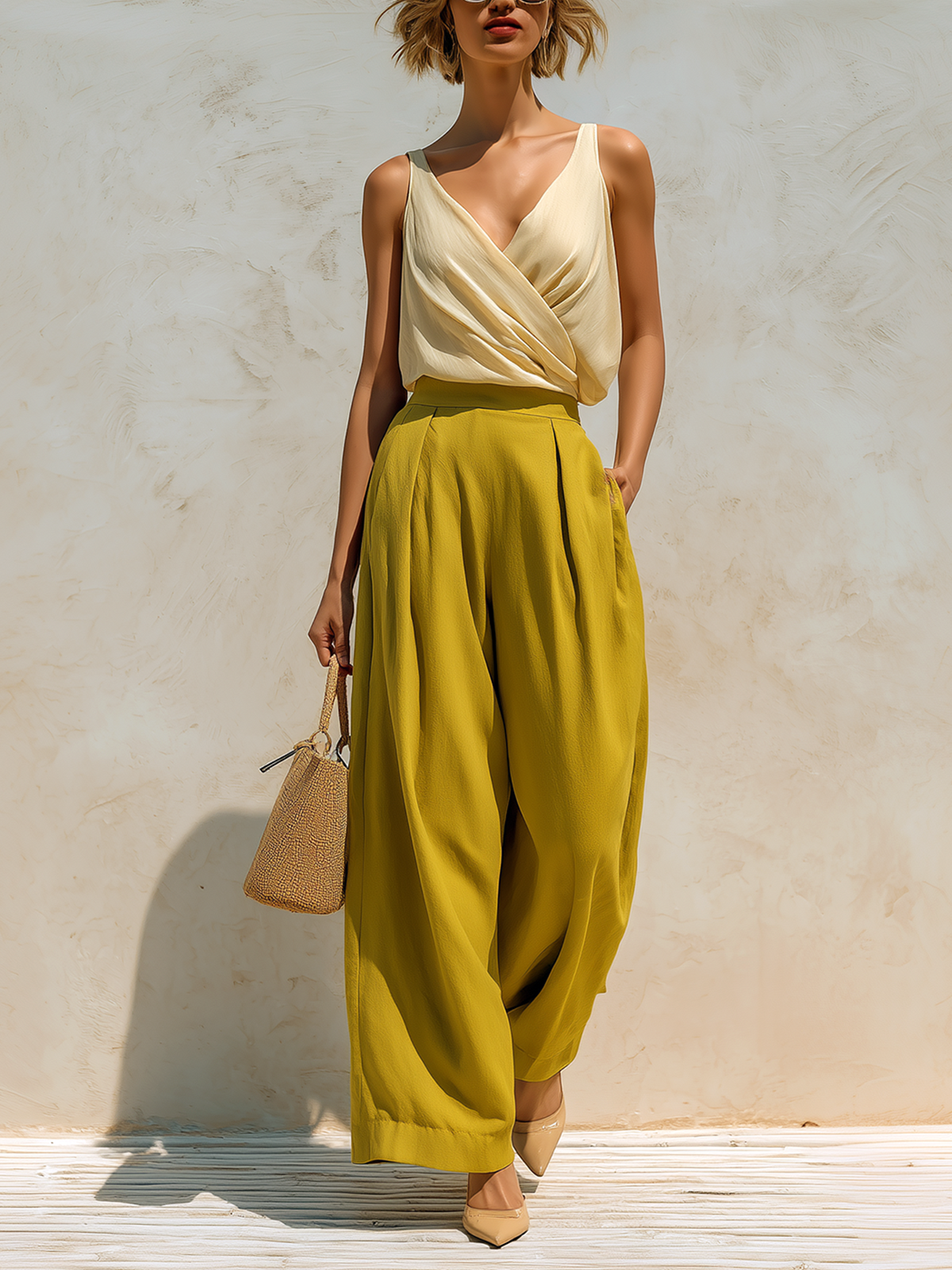 ElevenOra Chic Elegant Beige V-neck Tank Top Loose Mustard Yellow Chiffon Wide-Leg Pants Two-Piece Set