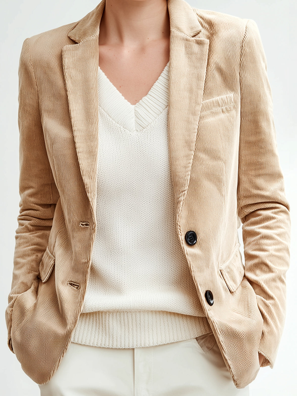 ElevenOra Office Casual Beige Corduroy Notch Lapel Black Button Slim-Fit Blazer