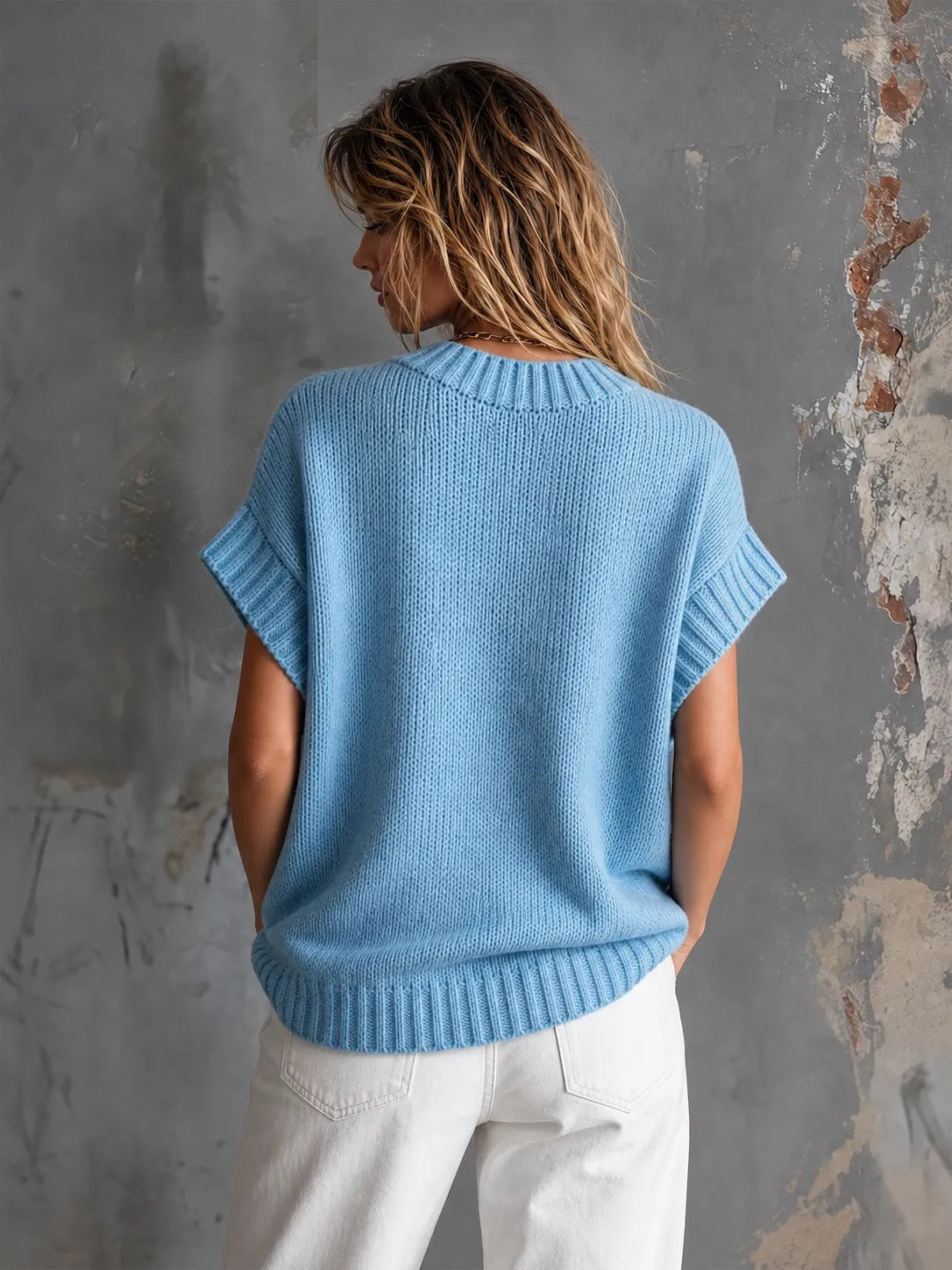 ElevenOra Chic Casual Light Blue Round-Neck Red Heart Jacquard Short-Sleeve Loose-Fit Knit Sweater Top