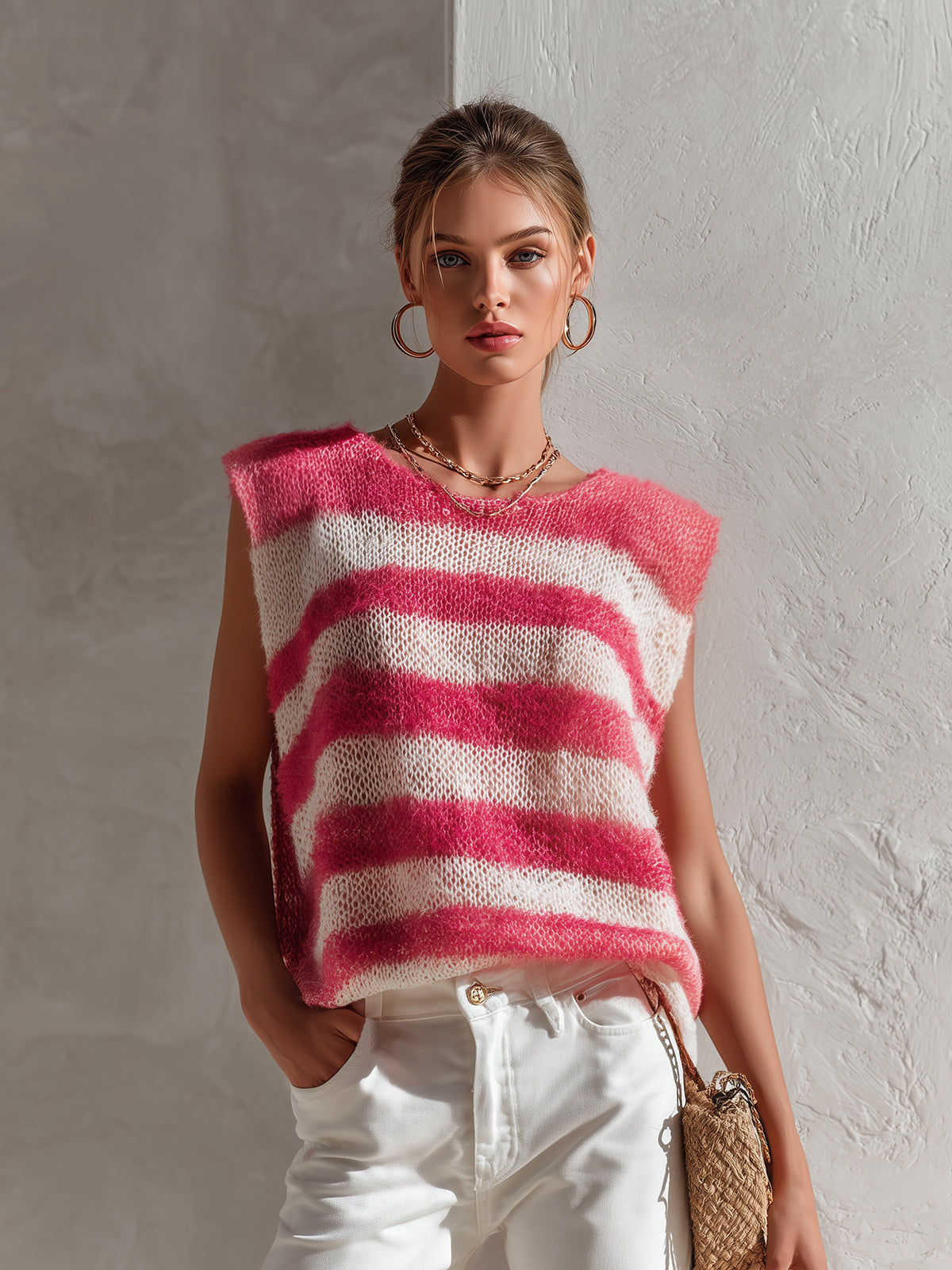 ElevenOra Chic Elegant Pink-Beige Stripes Round Neck Loose-ft Knit Vest Top
