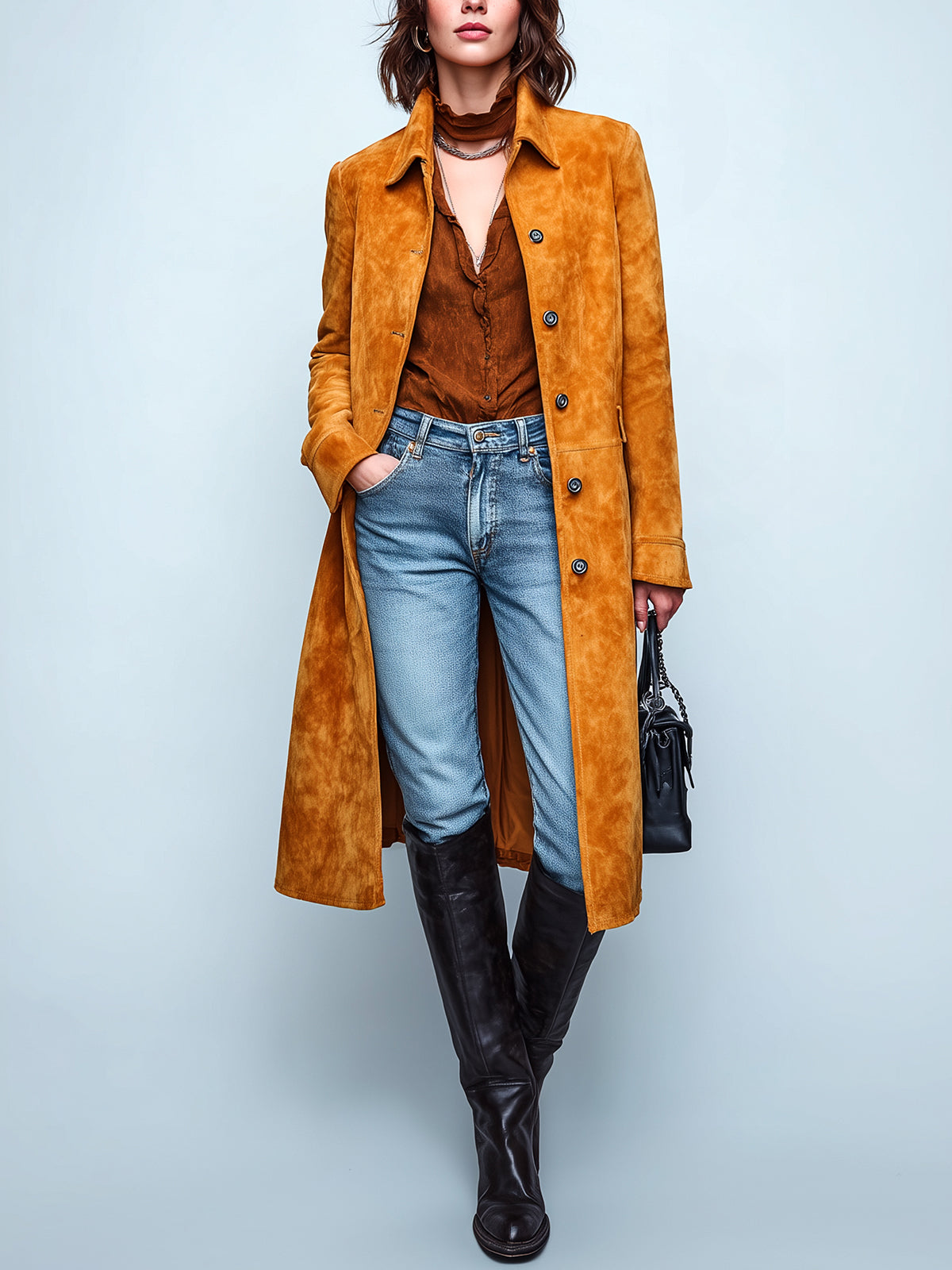 ElevenOra Chic Vintage Caramel Faux Suede Lapel Single-breasted Long Single-Breasted Trench Coat