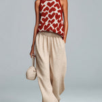 ElevenOra Chic Casual Red-Beige Jacquard Round Neck Sleeveless Loose-Fit Vest Wide-Leg Pants Knit Two-Piece Set