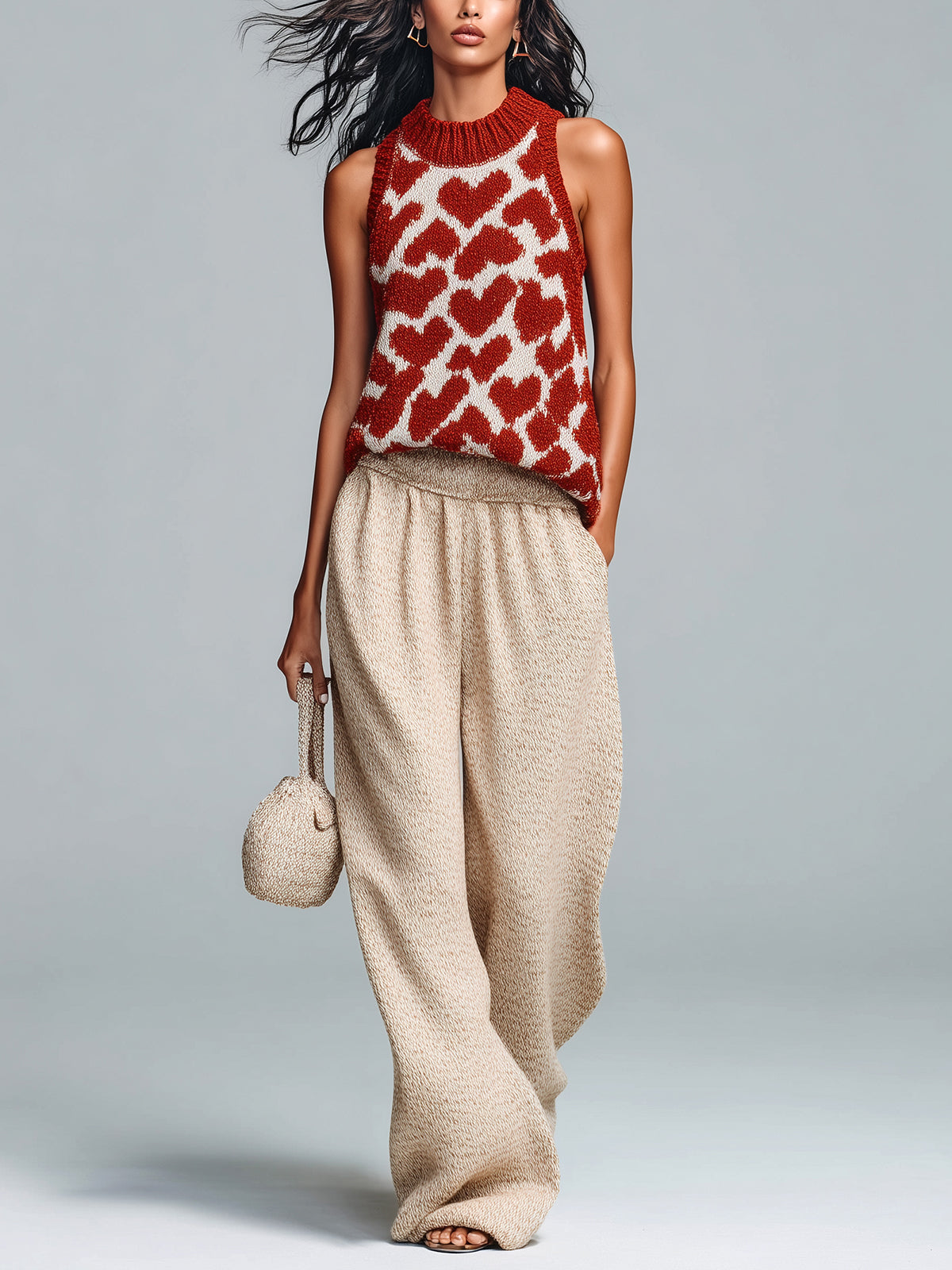 ElevenOra Chic Casual Red-Beige Jacquard Round Neck Sleeveless Loose-Fit Vest Wide-Leg Pants Knit Two-Piece Set