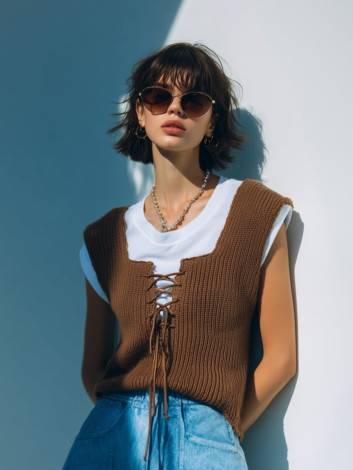 ElevenOra Chic Casual Brown Square Neck Lace-Up Details Loose-Fit Knit Vest