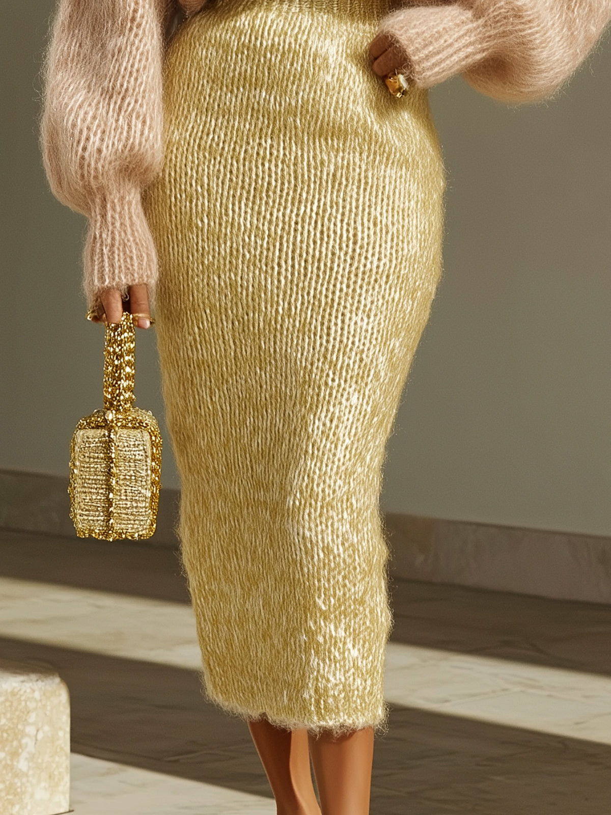ElevenOra Fashion Mohair Knitted V-Neck Lantern Sleeve Loose Sweater With Bodycon Midi Skirt Two-Piece Set