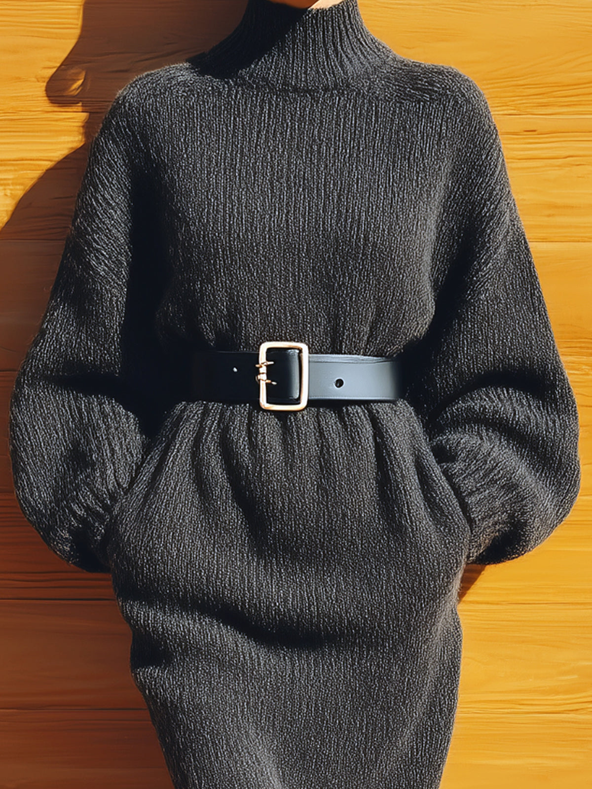 ElevenOra Chic Casual Dark Gray Turtle Neck Belted Oversized Long Sleeve Knit Midi Dress