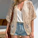 ElevenOra Chic Casual Beige Hollow-Out Half-Sleeve Loose-Fit Knit Cardigan Top