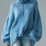 ElevenOra Casual Chic Light Blue Turtleneck Half-Zip Slouchy Lantern Sleeve Knit Sweater