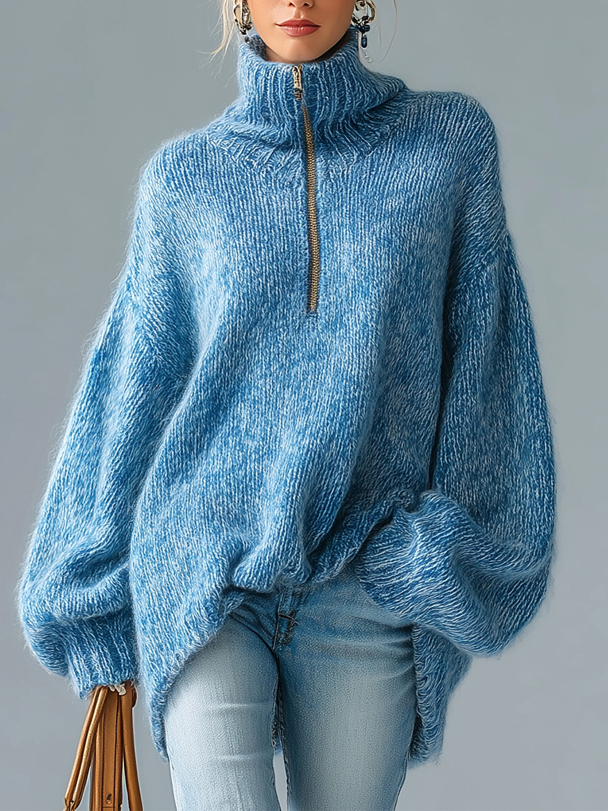 ElevenOra Casual Chic Light Blue Turtleneck Half-Zip Slouchy Lantern Sleeve Knit Sweater