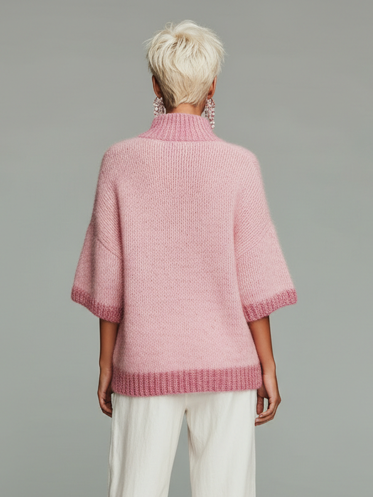 ElevenOra Stylish Casual Pink Stand-collar Zippered Short-sleeved Loose Knit Sweater Top