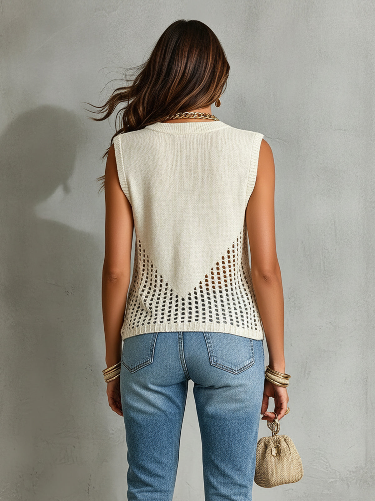 ElevenOra Chic Elegant Beige Round-Neck Sleeveless Hollow-Out Detail Loose-Fit Ribbed Knit Vest Top