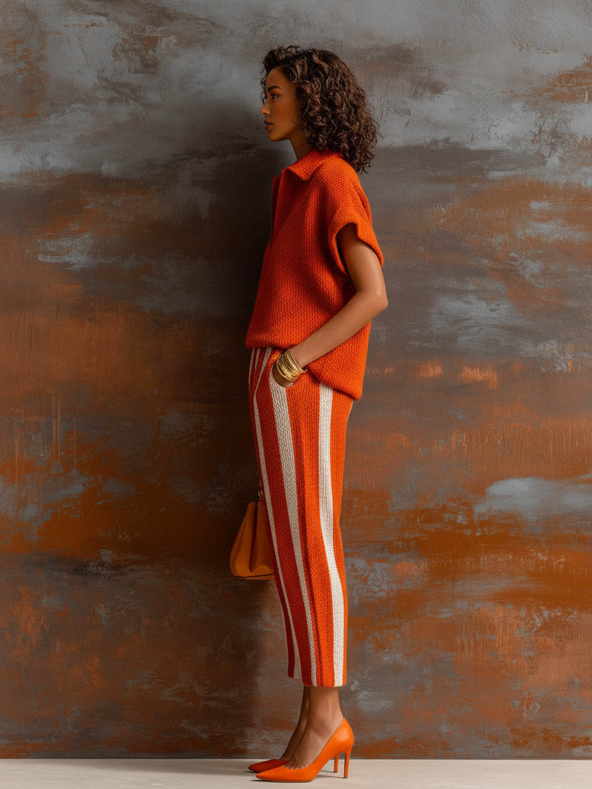 ElevenOra Chic Elegant Orange-White Colorblock Lapel V-Neck Short-Sleeve Loose-Fit Sweater Elastic-Waist Pants Knit Two-Piece Set