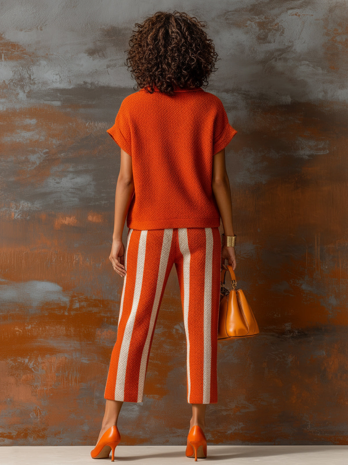 ElevenOra Chic Elegant Orange-White Colorblock Lapel V-Neck Short-Sleeve Loose-Fit Sweater Elastic-Waist Pants Knit Two-Piece Set
