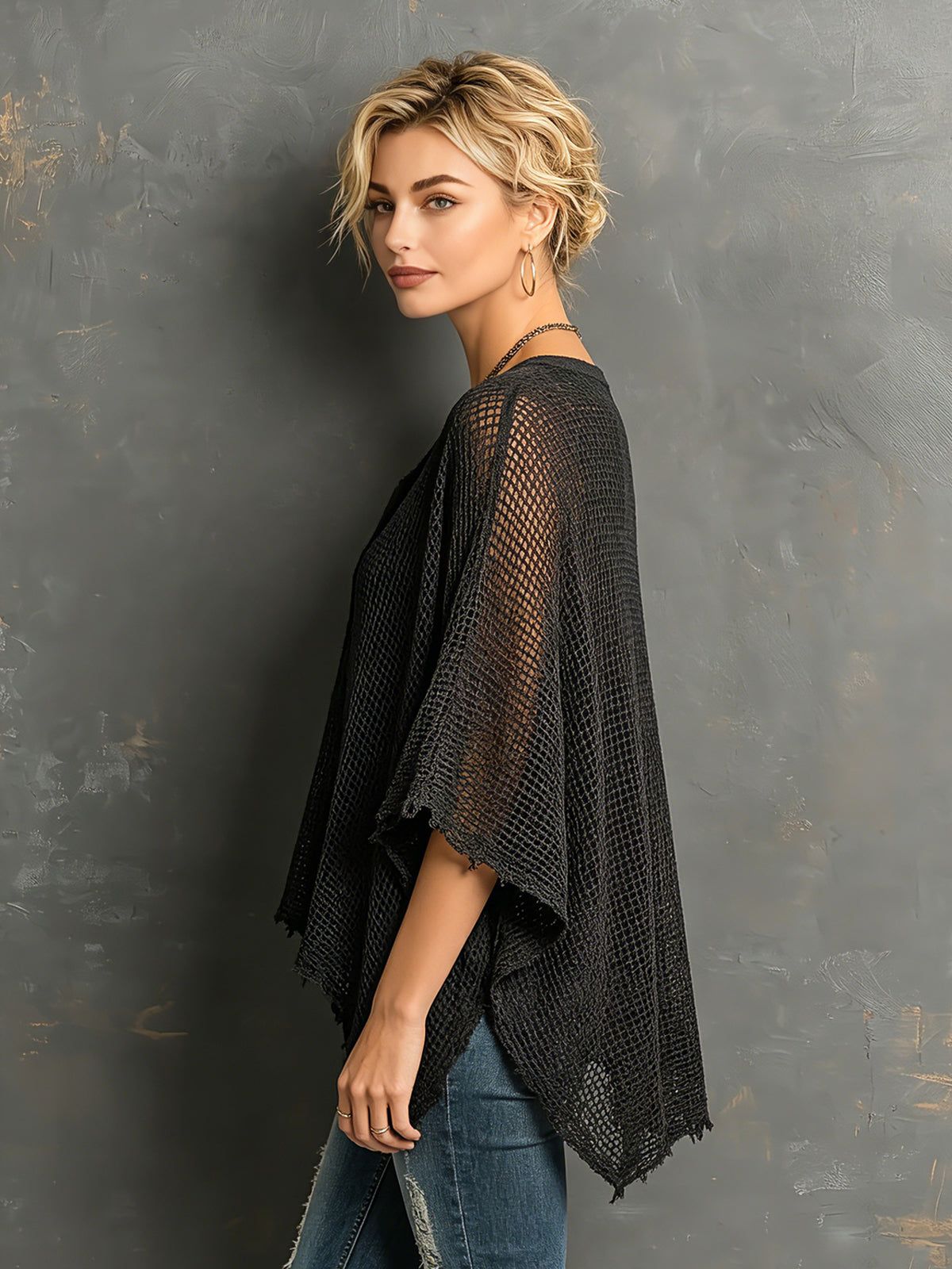 ElevenOra Chic Casual Black Henley Collar Dropped Shoulder Batwing-Sleeve Raw Edge Detail Loose-Fit Sweater
