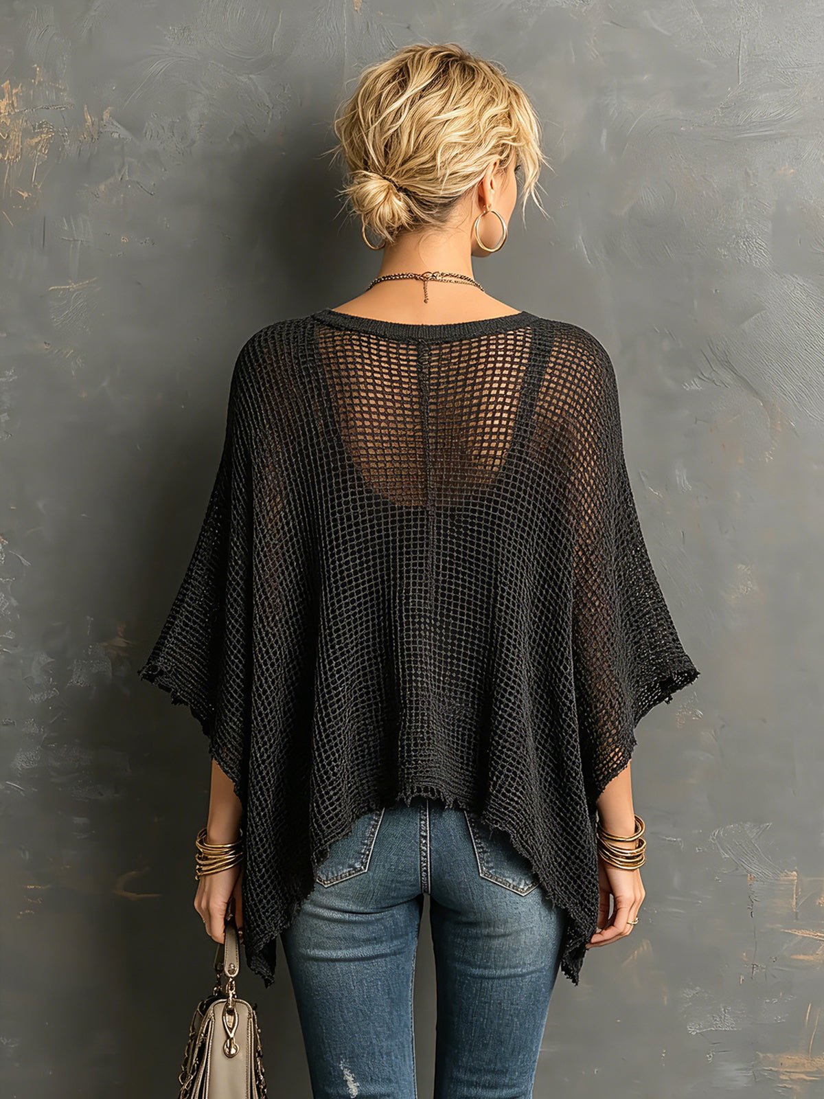 ElevenOra Chic Casual Black Henley Collar Dropped Shoulder Batwing-Sleeve Raw Edge Detail Loose-Fit Sweater