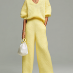 ElevenOra Chic Casual Yellow V-Neck Short-Sleeve Loose-Fit Top Wide-Leg Pants Ribbed Knit Two-Piece Set