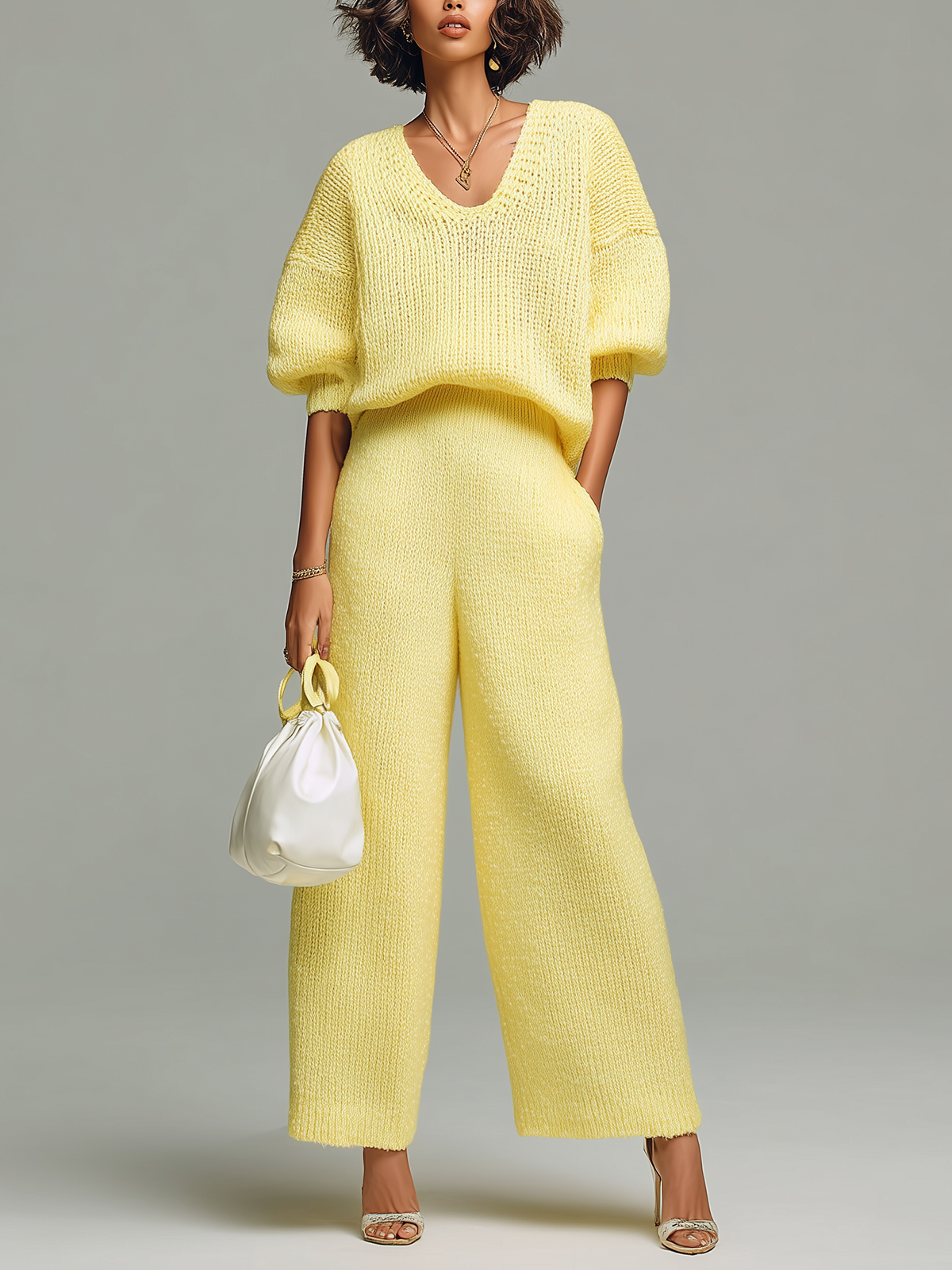 ElevenOra Chic Casual Yellow V-Neck Short-Sleeve Loose-Fit Top Wide-Leg Pants Ribbed Knit Two-Piece Set