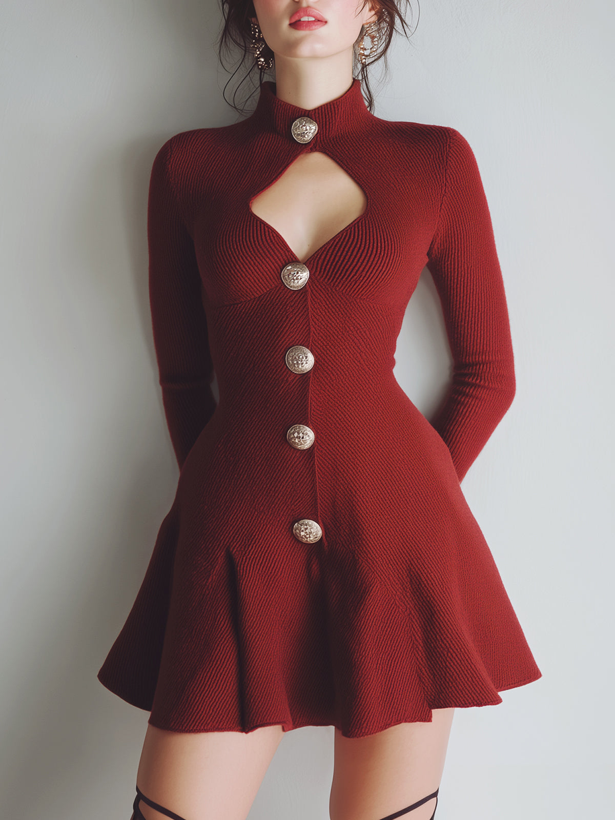 ElevenOra Stylish High Neck Cutout Ornate Metal Buttons Long-Sleeve Flared Knit Mini Dress