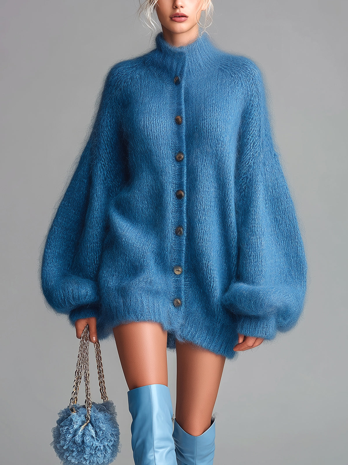ElevenOra Chic Vintage Blue Mock Neck Single-Breasted Long Lantern Sleeve Oversized Fuzzy Knit Mini Dress