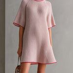 ElevenOra Chic Elegant Pink Mock Neck Contrast Trim Detail Short-Sleeve Loose-Fit A-Line Ribbed Knit Mini Dress