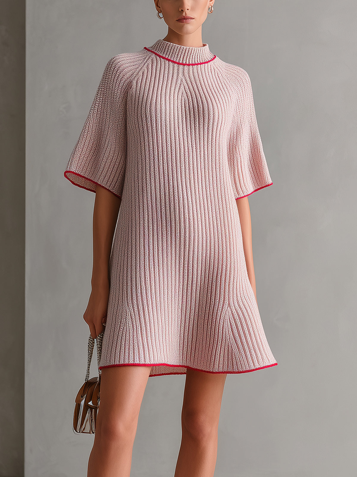ElevenOra Chic Elegant Pink Mock Neck Contrast Trim Detail Short-Sleeve Loose-Fit A-Line Ribbed Knit Mini Dress
