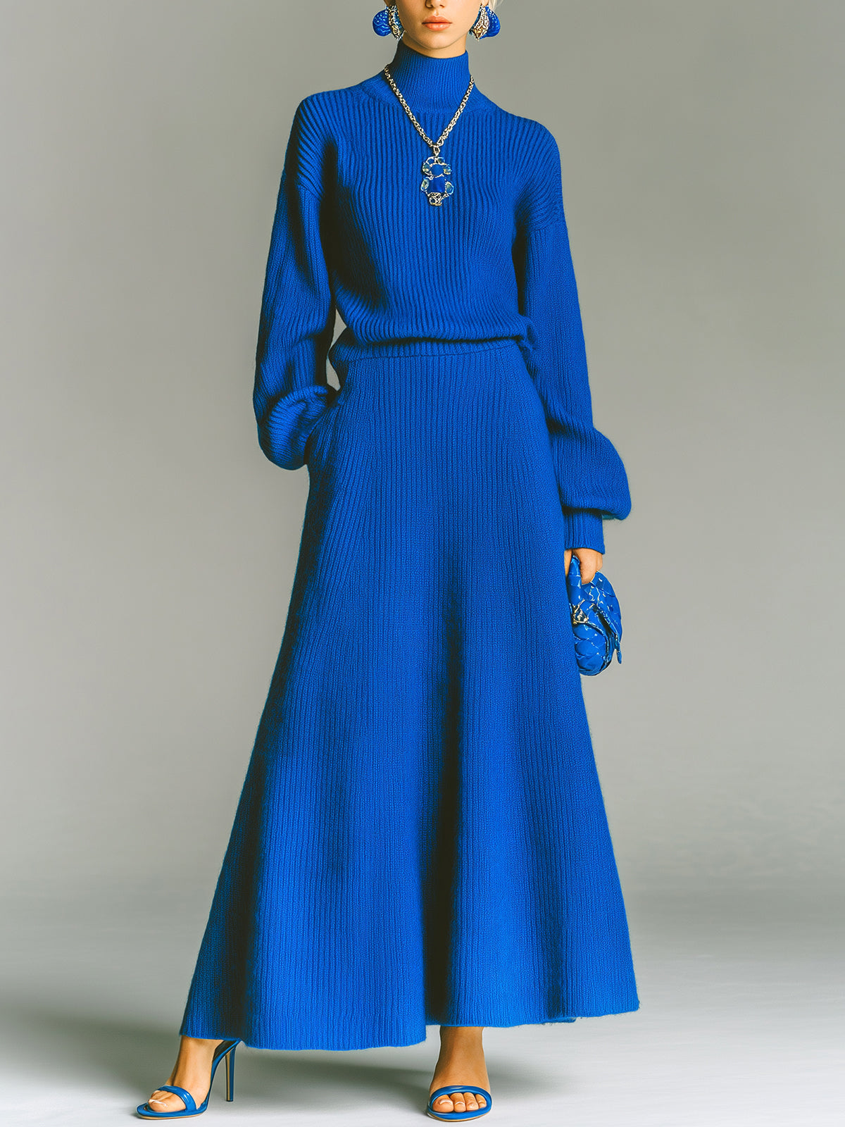 ElevenOra Chic Elegant Turtleneck Long-Sleeved Sweater Elastic Waist Maxi Skirt Knit Warm Two-Piece Set