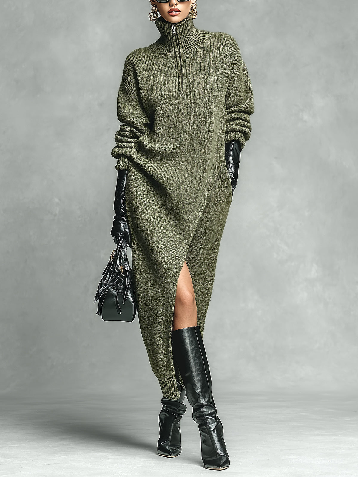ElevenOra Chic Vintage Olive Green Turtleneck Half-Zip Long Sleeve Side Slit Oversized Maxi Knit Dress