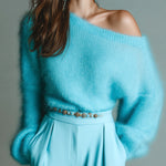 ElevenOra Chic Casual Baby Blue One-Shoulder Oversized Long-Sleeve Fuzzy Mohair Knit Sweater