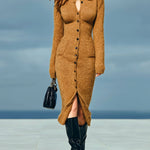 ElevenOra Chic Elegant Camel Lapel Single-Breasted Waist-Cinched Patch Pocket Long-Sleeved Knit Midi Dress