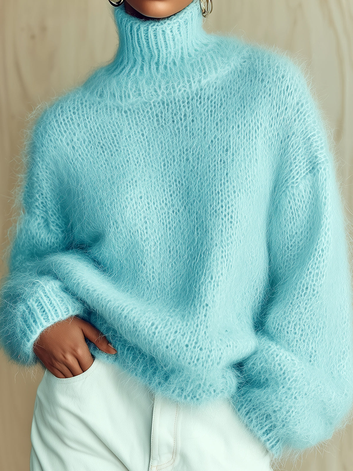 ElevenOra Chic Vintage Baby Blue Turtleneck Textured Knit Fuzzy Slouchy Sweater
