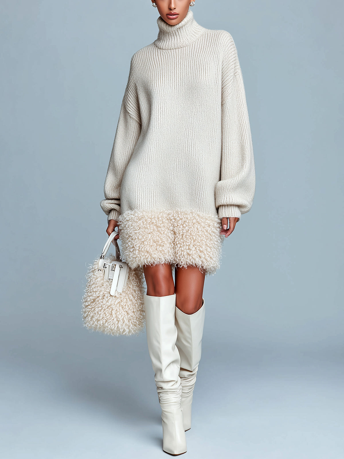 ElevenOra Chic Elegant Beige Turtleneck Long Sleeve Oversized Spliced Faux Lambswool Knit Mini Dress